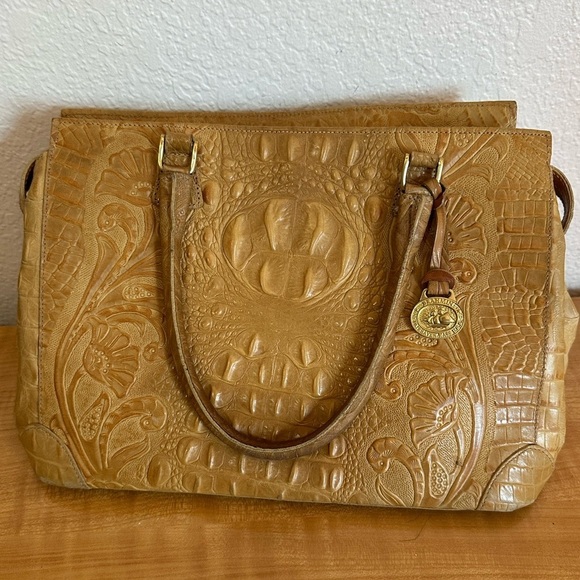 Brahmin Vintage Rare Floral Hand Tooled Tan Leather Handbag - Picture 2 of 11